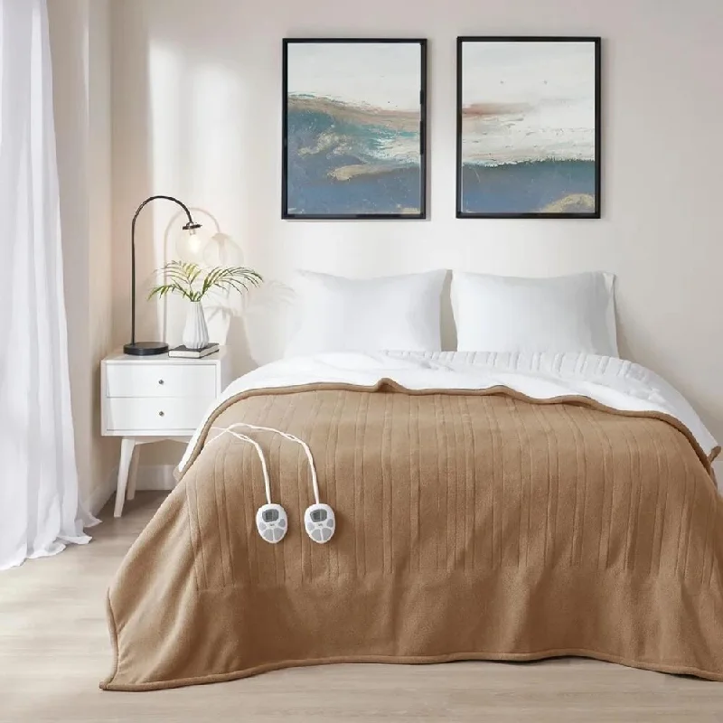 Rayon from bamboo blankets for a silky and breathable feelFull Solid Fleece to Sherpa Heated Blanket Brown