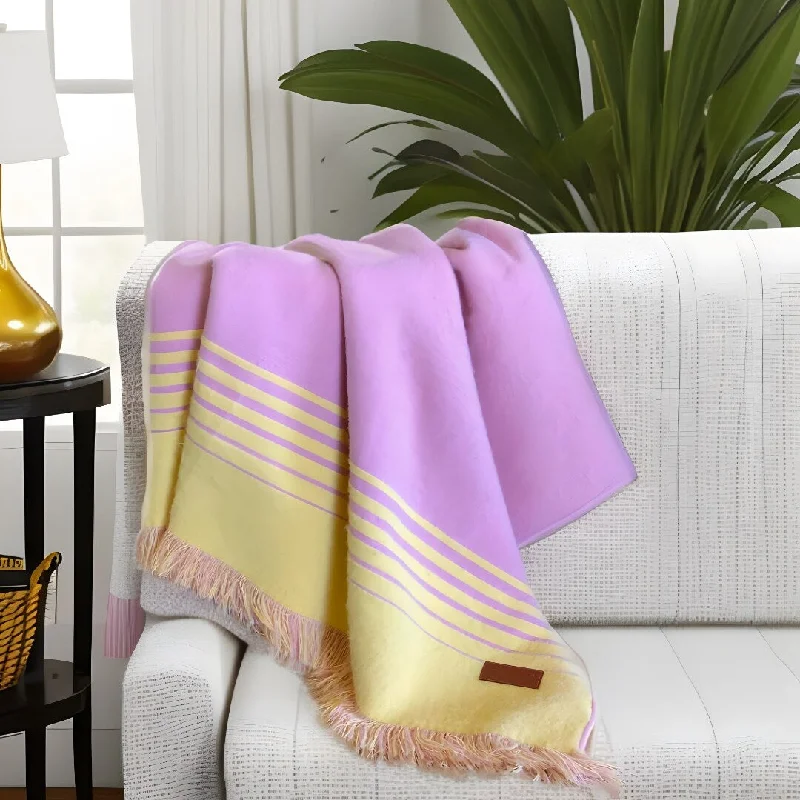 King - size blankets to cover large beds comfortablyPink and Yellow Woven Acrylic Striped Throw Blanket With Fringe