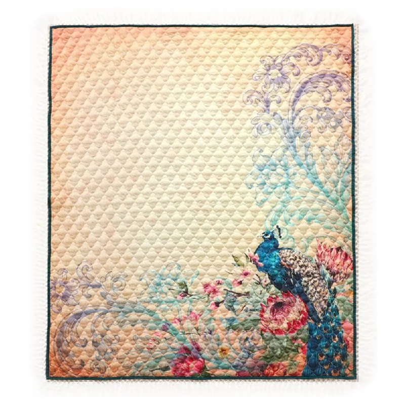 Queen - size blankets for standard - sized bedsUfa 60 Inch Quilted Throw Blanket, Blue Microfiber, Peacock, Floral Design Queen - size blankets for standard - sized bedsUfa 60 Inch Quilted Throw Blanket, Blue Microfiber, Peacock, Floral Design