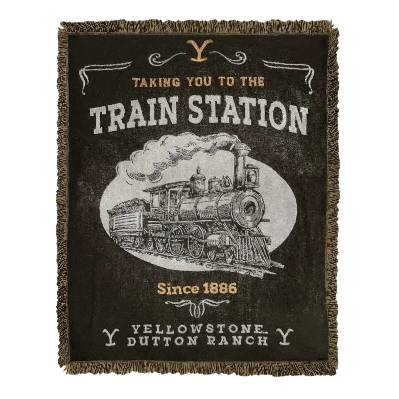 Recycled polyester blankets for an eco - conscious optionYellowstone Train Station Woven Jacquard Throw Blanket Recycled polyester blankets for an eco - conscious optionYellowstone Train Station Woven Jacquard Throw Blanket