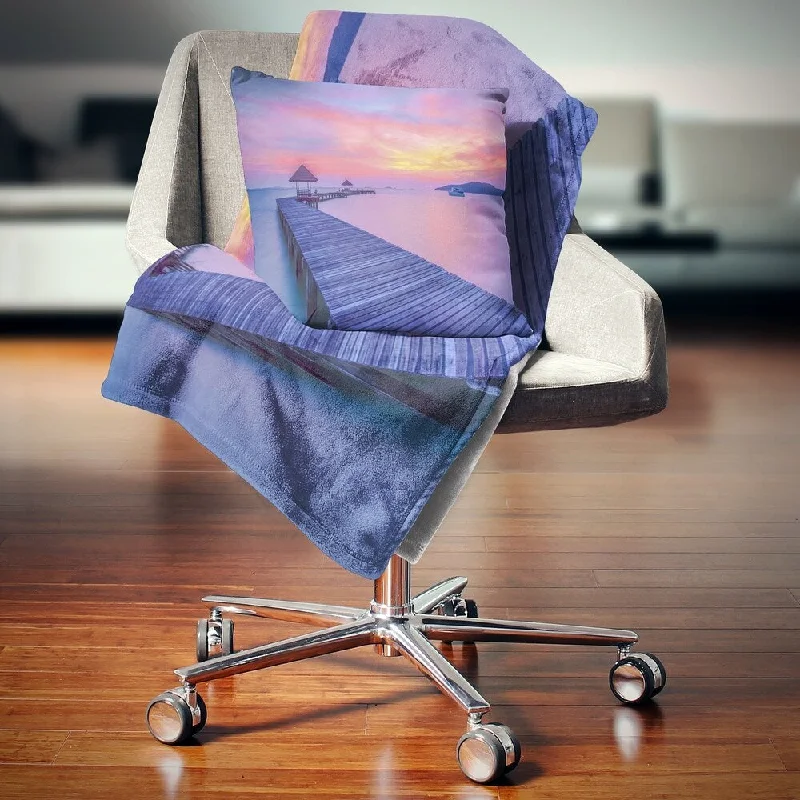 Recycled polyester blankets for an eco - conscious optionDesignart 'Purple Tinged Wood Bridge and Beach' Pier Seascape Throw Blanket