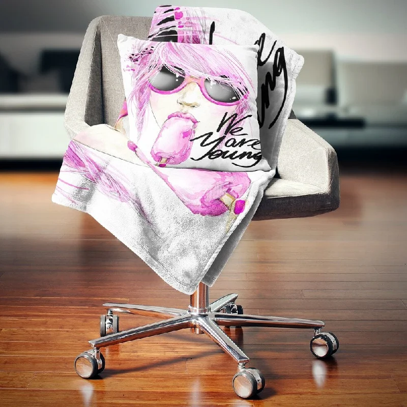 Silk blankets with a smooth and elegant touchDesignart 'Sexy Pink Girl Eating Lollipop' Modern Portrait Throw Blanket