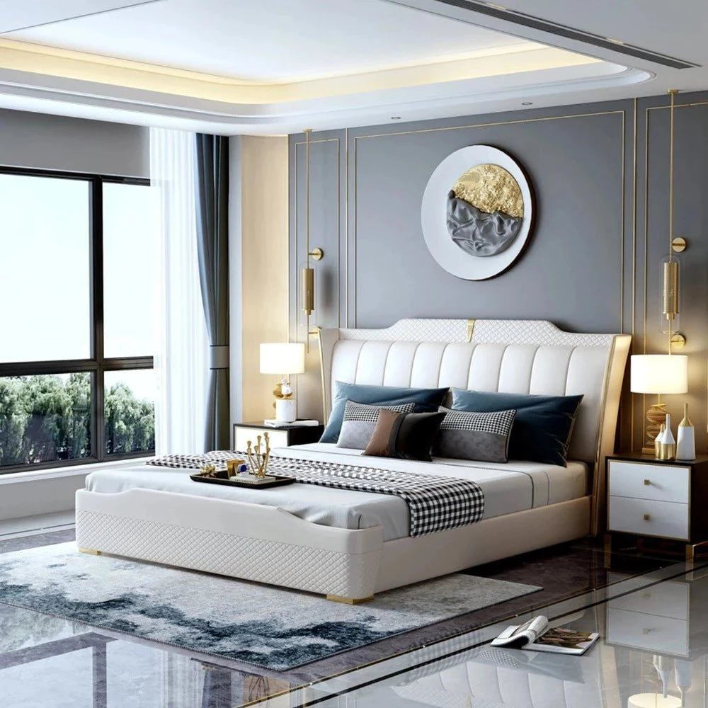 Natural latex and organic cotton blend mattressesSuperb Luxury Upholstered Bed In White Leatherette Natural latex and organic cotton blend mattressesSuperb Luxury Upholstered Bed In White Leatherette
